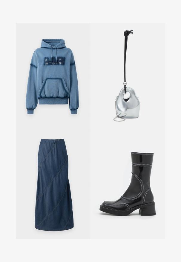 Modrá mikina s kapucí vyrobená z měkké látky, obsahující přední kapsu, šňůrku na kapuci, žebrované manžety a opotřebovaný potisk. Uvolněný střih s elastickým dolním lemem.; Džínová maxi sukně v tmavě modré barvě, s diagonálními švy a elastickým páskem pro strukturovaný a splývavý tvar.; Černé lakované kotníkové boty s bílým prošíváním, kulatou špičkou a blokovým podpatkem. Charakteryzují se zakřivenými designovými liniemi a hladkým povrchem.; Stříbrná metalická kabelka s jedinečným, hladkým, organickým tvarem. Má černý tkaný popruh a malý řetěz pro všestranné možnosti nošení.