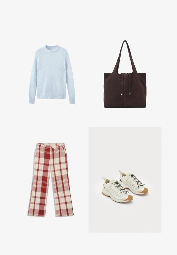 Light blue knitted sweater with a round neckline and long sleeves. The texture is soft and slightly fuzzy. No patterns or additional accents.; Thinking Mu HERMIONE - Trousers - red; Lightweight, cream-colored athletic shoes with mesh upper, black elastic laces, and brown rubber sole accents for traction and durability.; Mango Tote bag - dark brown