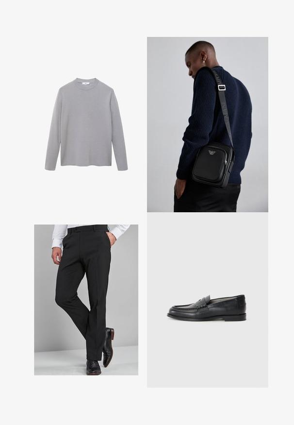 Graues Langarmshirt aus weicher, glatter Stoffqualität. Es hat einen runden Ausschnitt, ein minimales Design und einen geraden Saum ohne zusätzliche Verzierungen.; Schwarze Anzughose mit taillierter Passform, die über eine glatte Textur, gerade Beine und Gürtelschlaufen verfügt, kombiniert mit polierten schwarzen Anzugschuhen.; Schwarze Lederloafers mit glatter Oberfläche, abgerundeter Spitze, dekorativem Riemen und minimalistischer Gestaltung. Verfügt über einen niedrigen Blockabsatz.; Schwarze Leder-crossbody-Tasche mit einem Reißverschlussfach, Logo-Detail und einem verstellbaren, gebrandeten Gurt. Getragen zu einem strukturierten marineblauen Pullover.