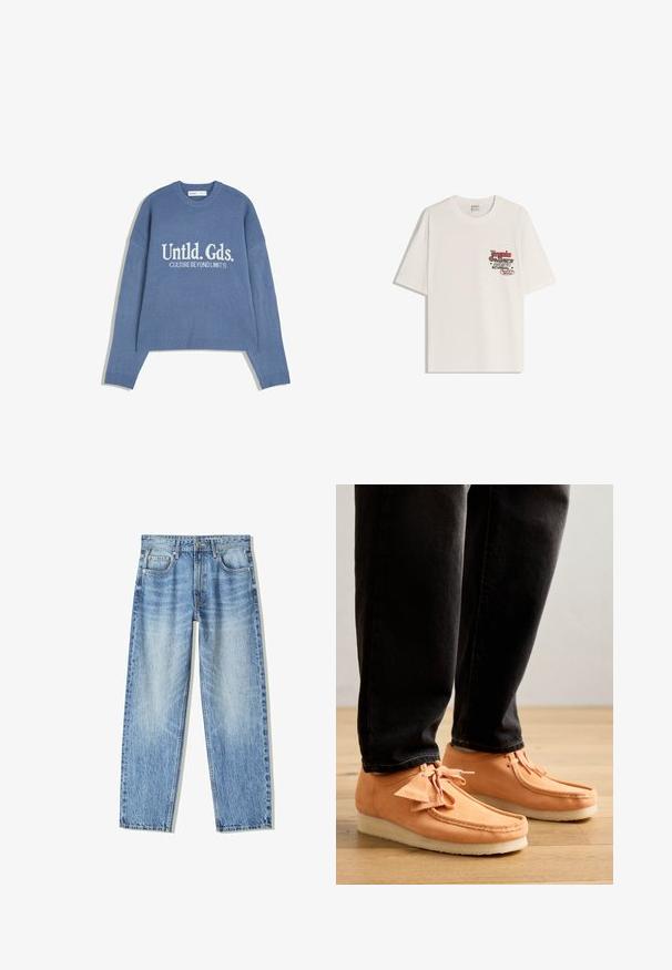 Kék kötött pulóver fehér felirattal: "Untld. Gds. CULTURE BEYOND LIMITS" az elülső részén, bordázott kerek nyakkal, mandzsettákkal és alján.; Fehér pamut póló rövid ujjakkal és kerek nyakkivágással. Az elülső bal mellkas részen piros és fekete szöveggel nyomtatott grafika található.; Világoskék farmernadrág, laza szabással, egyenes szárú dizájnnal, öt zsebbel és kopottas textúrával. Elöl gombos és cipzáros záródással.; Barna velúr mokaszin cipők fehér krepp talppal, varrott részletekkel és masni díszítésekkel, sötét farmernadrággal párosítva.