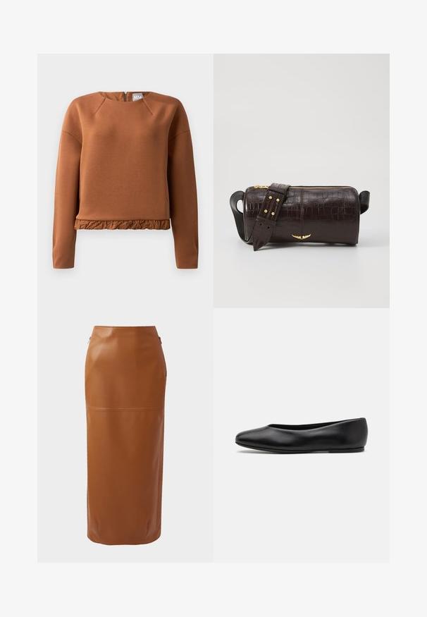 Ruskea neulepaita, jossa on pyöreä kaula-aukko, pitkät hihat ja frillasauma. Valmistettu sileästä kankaasta, jossa on hienovarainen kiilto ja vetoketjukiinnitys takana.; Ruskosuinen nahkainen midihame, jossa on tiukka siluetti, sivuvetoketjut ja sileä pinta. Hameessa on vaakasuuntainen saumarivi helman läheisyydessä.; Paul Smith TOPANGA - Ballerinat - black; Ruskea krokotiilinkuosilla varustettu nahkalaukku, jossa on sylinterimäinen muoto, kultasävyiset yksityiskohdat ja irrotettava hihna, jossa on niittejä.