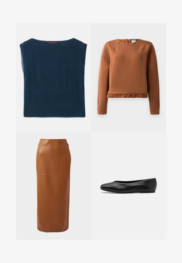 Bruine pullover sweatshirt met ronde halslijn, lange mouwen en een gerimpelde zoom. Gemaakt van gladde stof met een subtiele glans en een ritsluiting aan de achterkant.; Donkerblauwe, ribbelstof top met een brede halslijn en korte mouwen. Rechte snit met afgewerkte randen. Geen zichtbare patronen of hardware.; Brown leren midirok met een aansluitende silhouet, zijritsen en een gladde textuur. Heeft een horizontale naaddetails nabij de zoom.; Paul Smith TOPANGA - Ballerina's - black