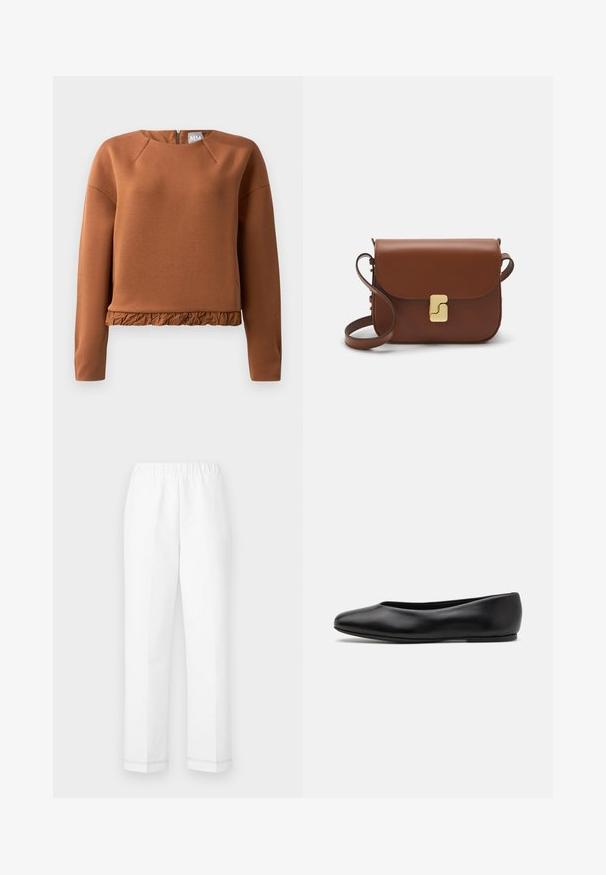Brown pullover sweatshirt with round neckline, long sleeves, and a ruffled hem. Made of smooth fabric with a subtle sheen and zip closure at back.; White pants with an elastic waistband, straight cut, and subtle stitching detail at the hem. Made from a lightweight, breathable fabric.; Paul Smith TOPANGA - Ballet pumps - black; Brown leather handbag with a flap closure, gold-tone hardware, a shoulder strap, and a smooth texture. Compact rectangular shape.