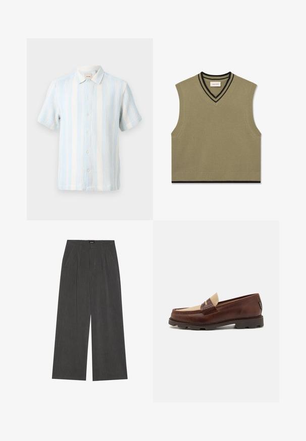 Maglione senza maniche a collo a V in maglia a costine verde oliva, con accenti a strisce nere sul colletto e sull'orlo inferiore.; Camicetta a maniche corte con bottoni di colore azzurro chiaro e bianco sporco, caratterizzata da un tessuto testurizzato con strisce verticali e colletto.; Pantaloni a gamba larga in tessuto grigio scuro, con fronte plissettato, due tasche laterali e vita piatta. Texture liscia e design sartoriale.; Mocassini in pelle marrone con accentuazione in tela taupe, dettaglio cucito e suola in gomma testurizzata progettata per comfort e durata.