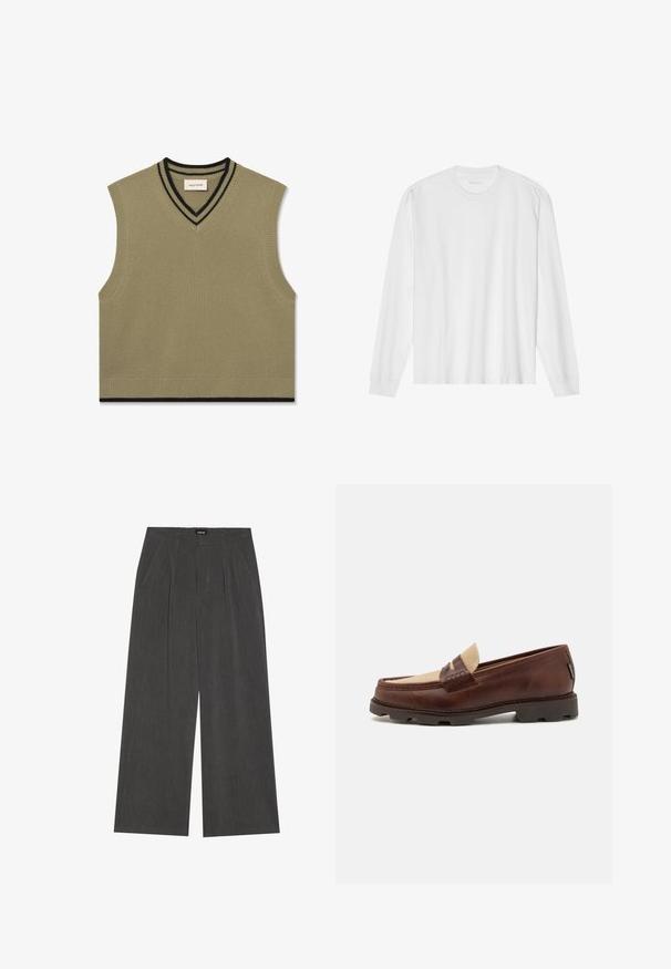 Pull sans manches en jersey côtelé vert olive, avec des accents rayés noirs au col et à l'ourlet.; T-shirt blanc en coton à manches longues avec col rond, doté de poignets côtelés et d'un ourlet droit, texture lisse et design minimaliste.; Pantalons à jambe large en tissu gris foncé, dotés d'un devant plissé, de deux poches latérales et d'une taille plate. Texture lisse et design ajusté.; Mocassins en cuir marron avec une touche en toile taupe, détails cousus et semelle en caoutchouc texturé, conçue pour le confort et la durabilité.