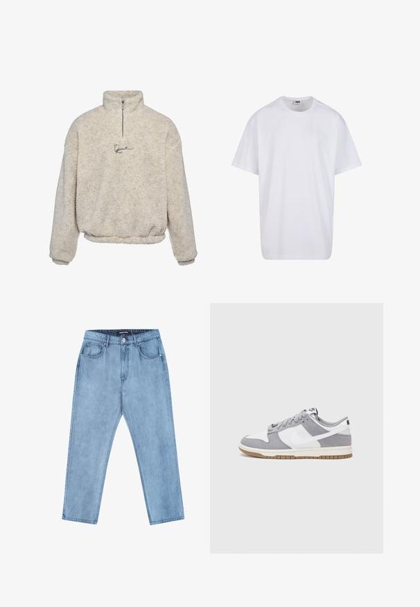 Krémový pulovr vyrobený z texturovaného fleecu, s límcem na polovinu zipu a malým vyšitým logem na přední straně.; Bílé triko z bavlny s krátkým rukávem, kulatým výstřihem, volným střihem a bez viditelných log či vzorů. Hladká textura a minimalistický design.; Světle modré džíny s rovnými nohavicemi, pěti kapsami a elastickým pasem s logem. Tkanina má mírně opotřebovaný vzhled.; Šedé a bílé tenisky s svrškem z jemné kůže a kůže, kulatou špičkou, plochými tkaničkami a gumovou podrážkou s akcentem v barvě gumy.