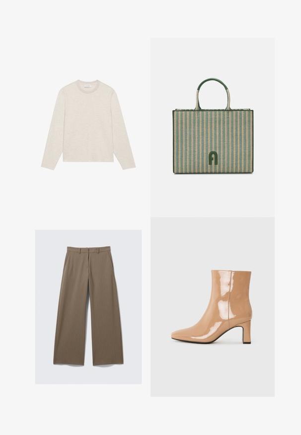 Lichtgrijze langemouwen shirt van zacht materiaal. Heeft een ronde hals, rechte zoom en minimale stikdetails aan de voorkant.; Bruine gestreepte wijde broek met een gladde textuur en een klassiek ontwerp, voorzien van een tailleband en voorplooien voor een gepaste pasvorm.; Nude patent leren enkellaarsjes met een spitse neus, een glanzende afwerking en een mid-hoge blokhak. Gladde textuur en elegante silhouet.; Groene en beige gestreepte draagtas met twee handvatten, gemaakt van geweven materiaal, met een groen logo detail aan de voorkant. Rechthoekige vorm.