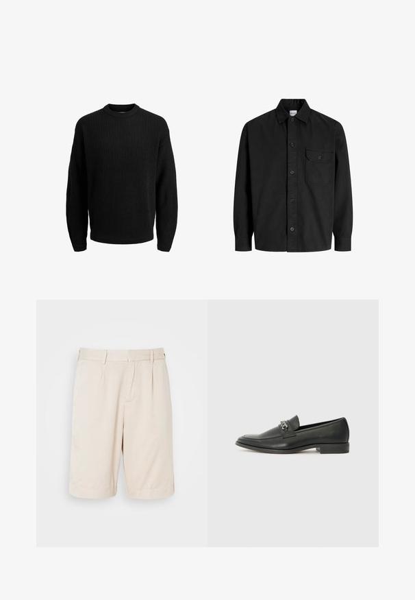 Black knitted sweater with a crew neck, long sleeves, and ribbed detailing on the cuffs and hem. Made from thick yarn for warmth.; Black long-sleeve button-up shirt with collar and single chest pocket featuring a buttoned flap.; Beige, pleated shorts made of smooth fabric, featuring side pockets and a straight cut, suitable for casual wear.; Black leather loafer with a smooth finish, featuring a stitched design and a decorative metal chain accent across the vamp. Flat heel.