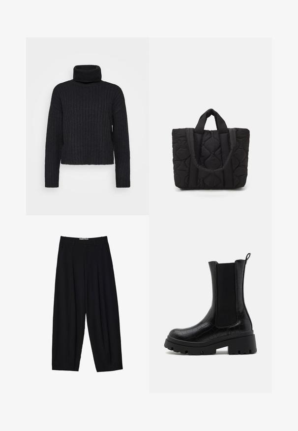 Černý, žebrovaný pletený svetr s vysokým výstřihem a dlouhými rukávy, s uvolněným střihem. Obsahuje vysoký, překládaný límec a texturovanou tkaninu.; Černé široké kalhoty vyrobené z lehké tkaniny, s předními sklady, klasickým pasem a bočními kapsami. Hladký povrch.; Černé kotníkové boty s texturovaným kroko-embosovaným povrchem, elastickými bočními panely a masivní černou podrážkou pro zvýšenou přilnavost a stabilitu.; Černá prošívaná taška s dvěma pevným uchy, která se vyznačuje texturovanou látkou s diamantovým vzorem pro odolnost a styl.