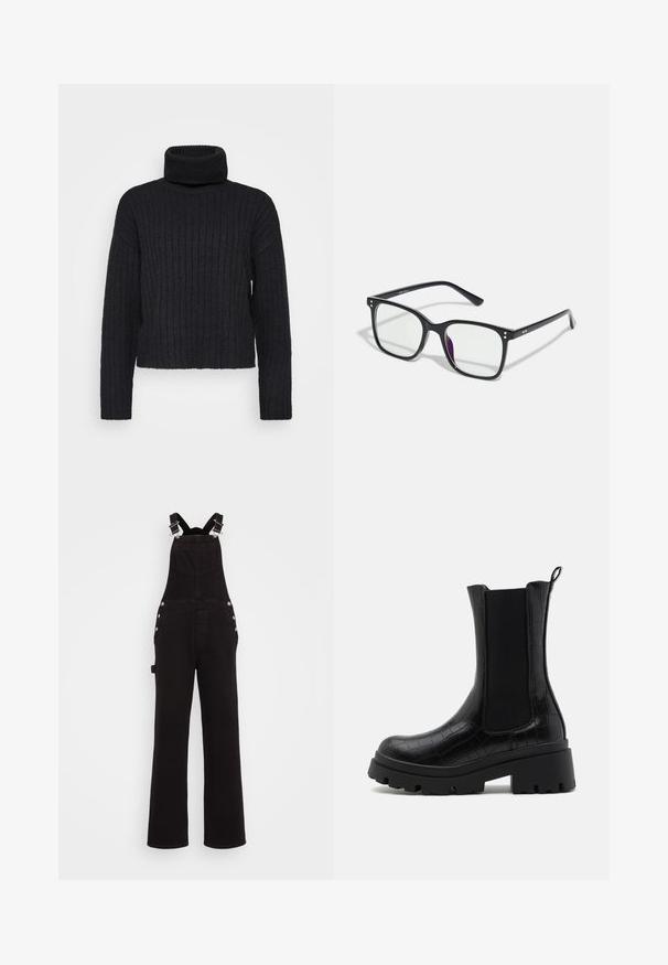 Melnā ribota adīta džemperis ar augstu apkakli, garām piedurknēm un brīvu piegriezumu. Tam ir augsta, locīta apkakle un teksturēta auduma virsma.; Melna džinsu kombinezons ar platām kājām, regulējamiem plecu siksniņām, sānu pogām un priekšējiem kabatām. Gluda tekstūra un izturīgs audums.; Melni potītes ar teksturētu krokodila raksta apdari, elastīgām sānu paneļiem un īsām melnām zole, kas nodrošina labāku saķeri un stabilitāti.; Melnas taisnstūra formas brilles ar caurspīdīgām lēcām, kurām ir zelta akcenti uz rāmja un viegls purpursarkans tonis vienā lēcā.; Melna izšūta soma ar divām izturīgām rokturiem, kurai ir teksturēta auduma virsma ar dimanta rakstu, nodrošinot izturību un stilu.