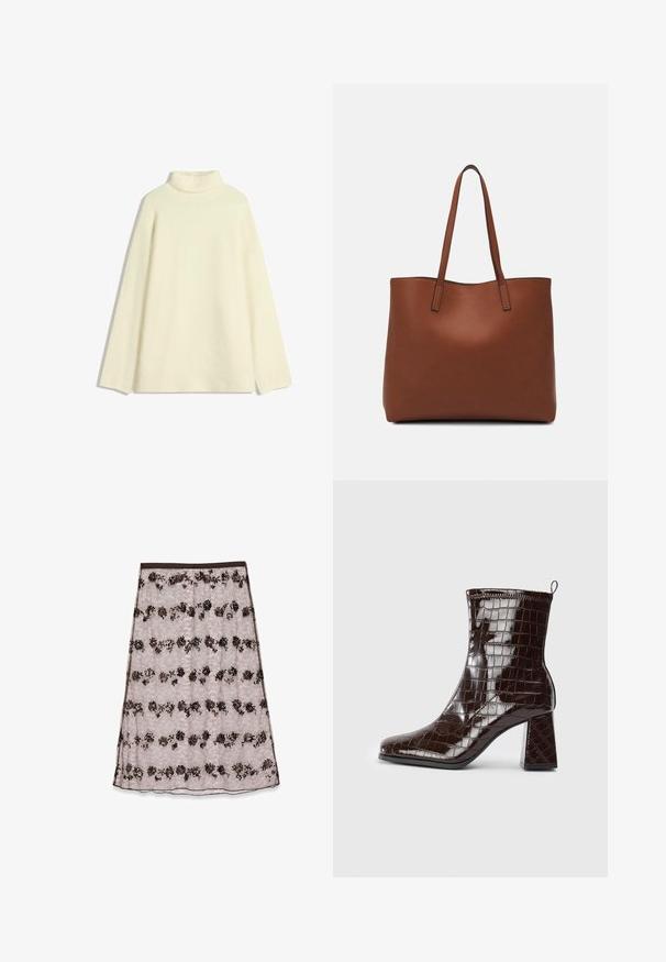Crème coltrui gemaakt van zacht materiaal, met lange mouwen en een losse pasvorm. Er zijn geen patronen of accenten zichtbaar.; Lace midi-rok in lichtroze met bloemenpatronen in donkerbruin en brons, voorzien van pailletten en een zachte tailleband.; Donkerbruin gepatineerd leren enkelboot met krokodillenstructuur, blokhak en trekband aan de achterkant, tegen een witte achtergrond.; Bruine leren tote bag met een gladde textuur, een ontwerp met een open bovenkant en twee schouderbanden. Kenmerkt zich door minimale stiksels en geen zichtbare hardware.