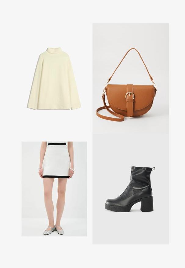 Cremfarbener Rollkragenpullover aus weichem Material, mit langen Ärmeln und einer lässigen Passform. Keine Muster oder Akzente sind sichtbar.; Weißer Minirock mit schwarzem Saum, aus glattem Material. Das Model trägt silberne Ballerinas und ein durchsichtiger Armreif an einem Handgelenk.; Schwarze Stiefeletten aus glattem Leder mit seitlichem Reißverschluss, klobigem strukturiertem Absatz und runder Zehenform.; Braune Leder-Crossbody-Tasche mit geschwungener Form, goldfarbenen Beschlägen und einer Schnallenakzentuierung. Verfügt über einen abnehmbaren Schultergurt.