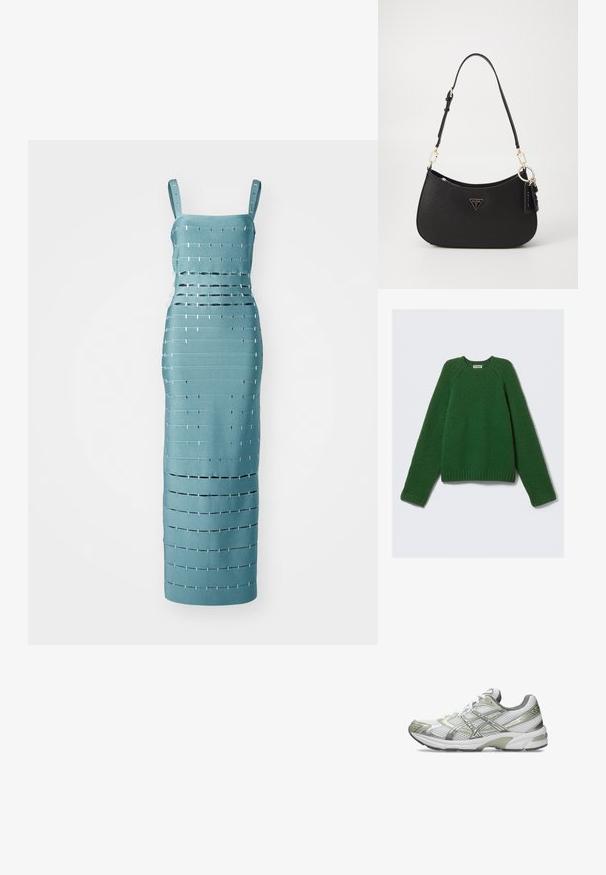 Sweter z długim rękawem w kolorze ciemnozielonym, o teksturowanym splocie, z prążkowanymi mankietami, dołem i dekoltem, ułożony na płasko na białym tle.; Turkusowa sukienka bez rękawów z poziomowymi i pionowymi wycięciami oraz metalicznymi akcentami, dopasowana do sylwetki.; Białe buty do biegania z siateczkową cholewką, metalicznie srebrnymi akcentami, szarym zapiętkiem i gumową podeszwą. Posiadają teksturowany wzór i sznurowadła.; Czarna torebka syntetyczna o zaokrąglonym kształcie, ze złotymi akcentami i trójkątnym logo. Posiada zamek błyskawiczny oraz regulowany pasek.