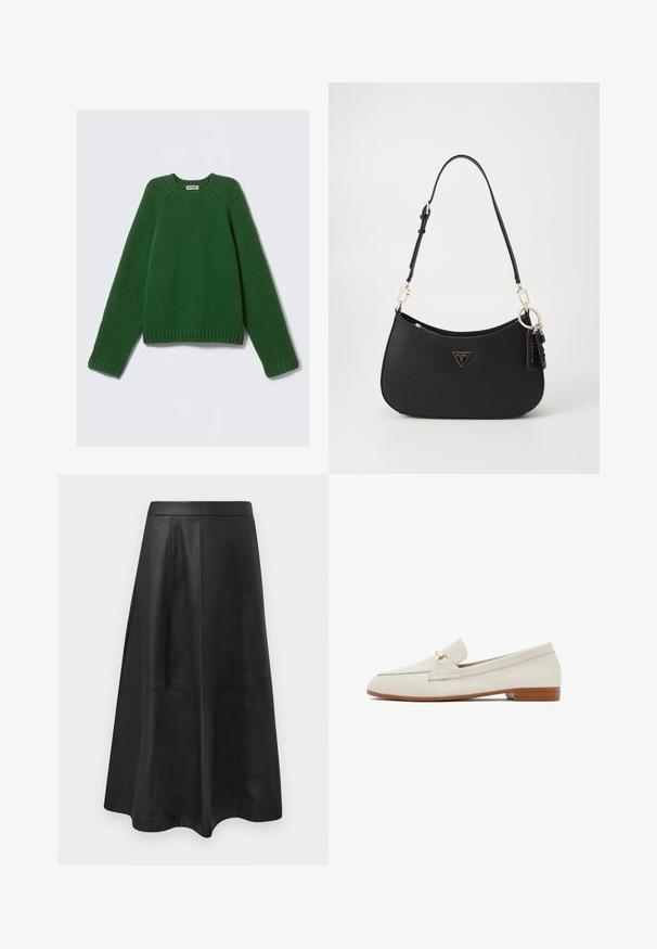 Long-sleeve crewneck sweater in dark green, textured knit, with ribbed cuffs, hem, and neckline, laid flat on a white background.; Black leather midi skirt with a flared silhouette, featuring seam detailing and a smooth texture. No visible hardware or accents.; Cream-colored leather loafers with a flat, brown sole. Features a front flap and a small gold accent on the side. Smooth texture, minimal design.; Black synthetic handbag with a curved shape, gold hardware, and a triangular logo. Features a zip closure and an adjustable strap.