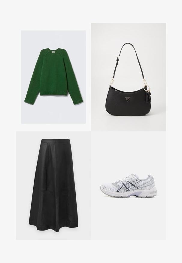 Sötétzöld, hosszú ujjú, kereknyakú pulóver, texturált kötött anyagból, bordázott mandzsettákkal, aljjal és nyakkal, fehér háttérre fektetve.; Fekete bőr midi szoknya megemelt sziluettel, varrási részletekkel és sima textúrával. Nincs látható fémalkatrész vagy díszítés.; ASICS SportStyle GEL 1130 - Sportcipő - white/carrier grey; Fekete szintetikus kézitáska ívelt formával, arany hardware-rel és háromszög alakú logóval. Cipzárral záródik, és állítható pánttal rendelkezik.