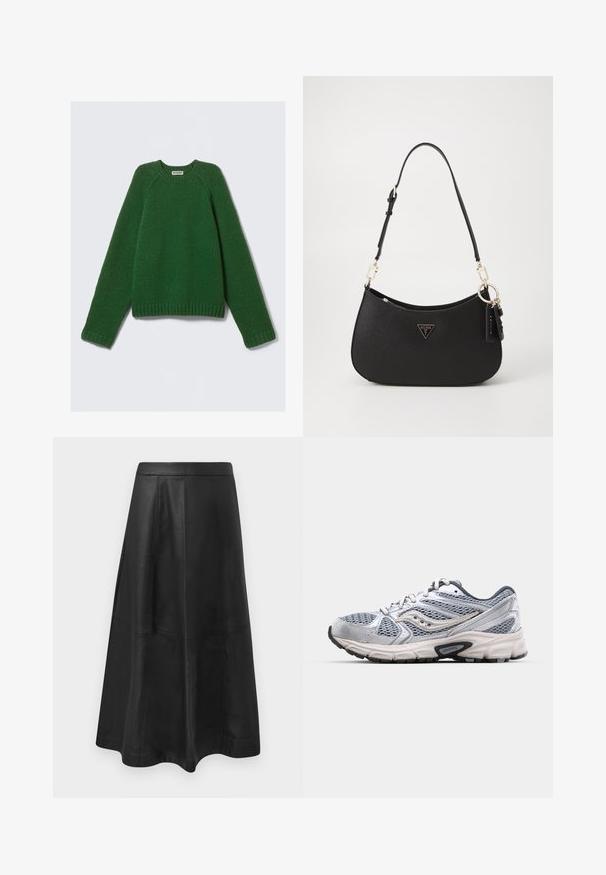 Sweter z długim rękawem w kolorze ciemnozielonym, o teksturowanym splocie, z prążkowanymi mankietami, dołem i dekoltem, ułożony na płasko na białym tle.; Czarna skórzana spódnica midi o rozkloszowanej sylwetce, z detalami szwów i gładką fakturą. Bez widocznych elementów metalowych ani akcentów.; Srebrne buty biegowe z siateczkową cholewką, amortyzowaną podeszwą i szarymi akcentami. Posiadają zaokrąglony czubek i sznurowany design. Widoczne logo marki.; Czarna torebka syntetyczna o zaokrąglonym kształcie, ze złotymi akcentami i trójkątnym logo. Posiada zamek błyskawiczny oraz regulowany pasek.