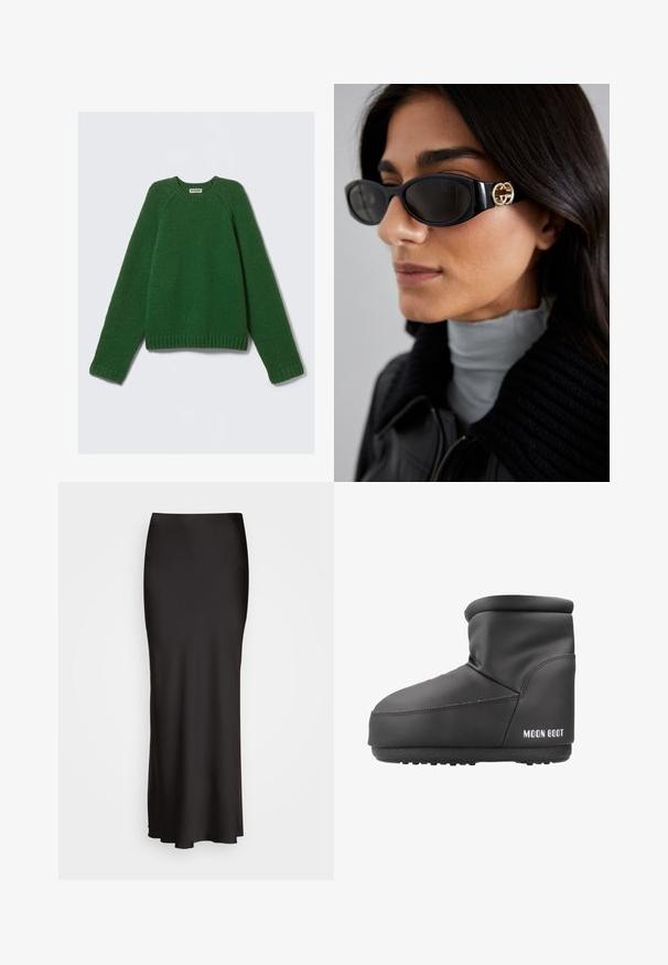 Dugi rukav, majica sa kružnim izrezom u tamnozelenoj boji, teksturirani pletena, s rebrastim manžetama, donjim rubom i izrezom, položena ravno na bijeloj pozadini.; Crna satenska suknja do poda s glatkom teksturom, strukom koja se dobro prilagođava, i A-linijom, bez vidljivih ukrasa ili uzoraka.; Moon Boot ICON LOW NO - Zimske čizme - black; Crne sunčane naočale sa elegantnim pravokutnim okvirom i zlatnim logotipom na strani. Tamna stakla i sjajni finiš su istaknuti.; Siva teksturirana torba s naglaskom na podstavljenom ručku, mrežastim detaljima, podesivim remenom i prednjim kopčanjem. Kompaktni dizajn s zaobljenim oblikom.