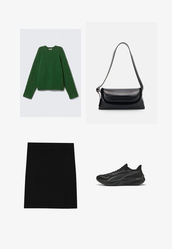 Sveter s dlhými rukávmi v tmavozelenej farbe, s textúrovaným pletením, so žebrovanými manžetami, lemom a výstrihom, položený na bielom pozadí.; Čierna mini sukňa vyrobená z mäkkej tkaniny s priliehavým dizajnom, s jemným rozparkom na boku pre pridanie detailu.; Čierna športová obuv s priehľadným vrchom, textúrovanými detailmi, plochými šnúrkami a mäkkou podrážkou s vlnovým dizajnom pre trakciu a pohodlie.; Čierna kožená kabelka so štruktúrovaným tvarom, hladkou textúrou a jedným ramenným popruhom. Obsahuje jemný, zaoblený dizajn klapky.