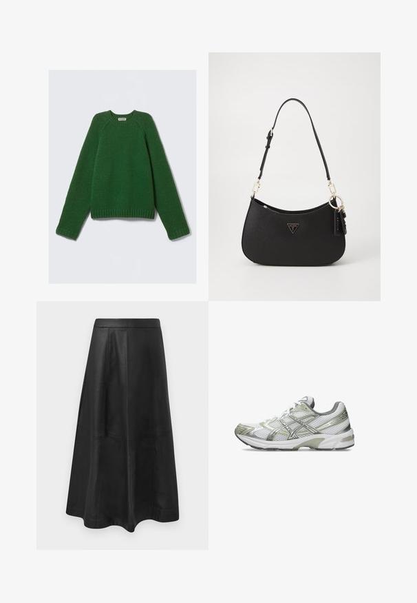 Pitkähihaine crewneck-neule tumma vihreä, tekstuuri neulottu, ribbaus hihansuissa, helmassa ja kaula-aukossa, aseteltuna tasaiseksi valkoisella taustalla.; Musta nahkainen midi-hame, jossa on levenevä siluetti. Hameessa on sauma detailing ja sileä pinta. Ei näkyvää metalliosia tai koristeluita.; Valkoinen juoksukenkä, jossa on verkkopäällinen, metalliset hopeiset yksityiskohdat, harmaa kantakuppi ja kumipohja. Sisältää teksturoidun muotoilun ja nauhat.; Musta synteettinen käsilaukku, jossa on kaareva muoto, kultaiset metalliosat ja kolmio-logo. Varustettu vetoketjusulkeisella ja säädettävällä hihnalla.