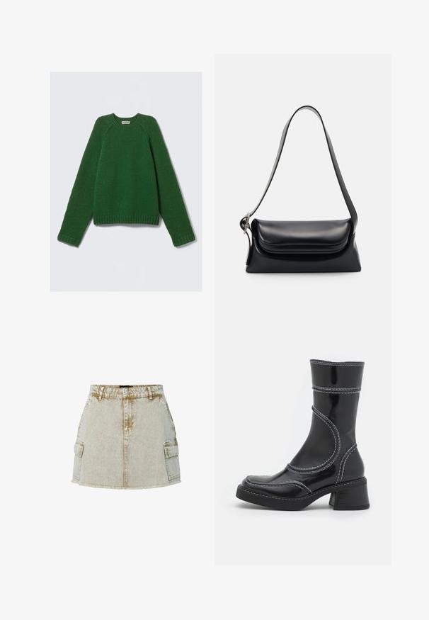 Suéter de cuello redondo de manga larga en verde oscuro, tejido texturizado, con puños, dobladillo y cuello de canalé, colocado sobre un fondo blanco.; Falda de mezclilla beige con dobladillo deshilachado, dos bolsillos laterales y un cierre de botón clásico. La tela tiene un acabado ligeramente texturizado.; Botín de charol negro con costuras blancas, punta redondeada y tacón cuadrado. Presenta líneas de diseño curvas y una textura suave.; Bolso de piel negra con una forma estructurada, una textura suave y una sola correa para el hombro. Presenta un diseño de tapa sutil y redondeado.