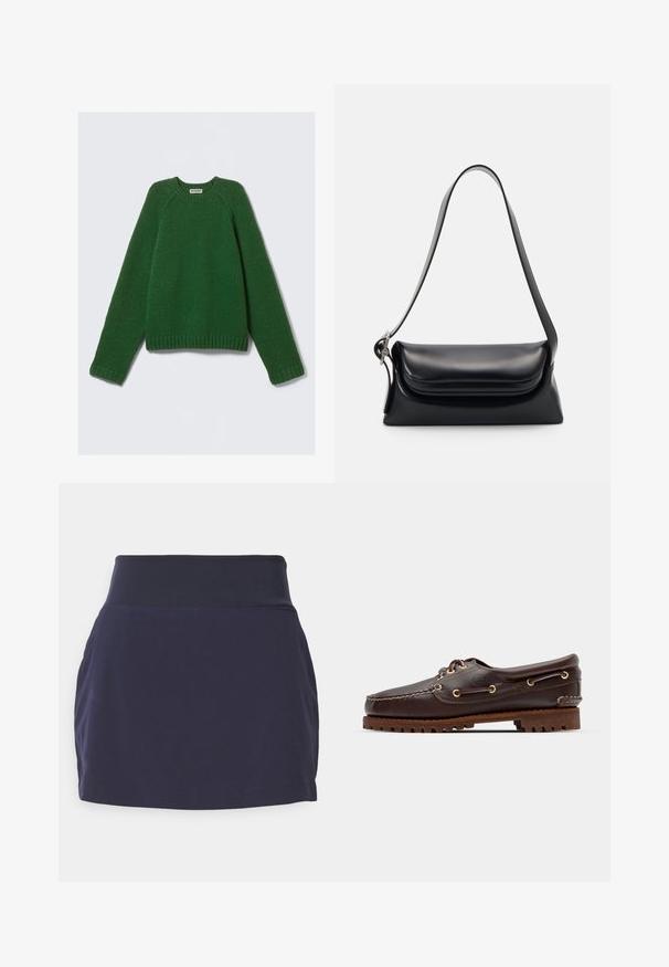 Sötétzöld, hosszú ujjú, kereknyakú pulóver, texturált kötött anyagból, bordázott mandzsettákkal, aljjal és nyakkal, fehér háttérre fektetve.; Tengerészkék sport szoknya széles gumis derékrésszel, sima anyagból készült és testhezálló fazonú. Zsebek vagy jellegzetes minták nincsenek rajta.; Barna bőr csónakcipő arany fémlyukakkal, kerek fűzőkkel és texturált barna gumitalppal. Díszített varrásokkal és kiemelkedő logóval rendelkezik.; Fekete bőr kézitáska, amelynek struktúrált formája, sima textúrája és egyetlen vállpántja van. Finom, lekerekített fedél kialakítással rendelkezik.