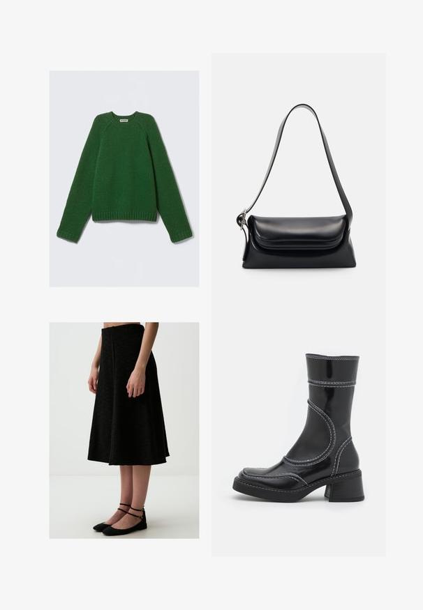 Pull à col rond à manches longues de couleur vert foncé, en tricot texturé, avec des poignets, un ourlet et un col côtelés, posé à plat sur un fond blanc.; Jupe noire en A en tissu texturé, présentant un design mi-long et une taille nette, accompagnée de chaussures plates noires avec des brides au niveau de la cheville.; Bottine en cuir verni noir avec des coutures blanches, bout arrondi et talon carré. Présente des lignes de design courbées et une texture lisse.; Sac à main en cuir noir avec une forme structurée, une texture lisse et une seule bandoulière. Présente un design de rabat arrondi et subtil.
