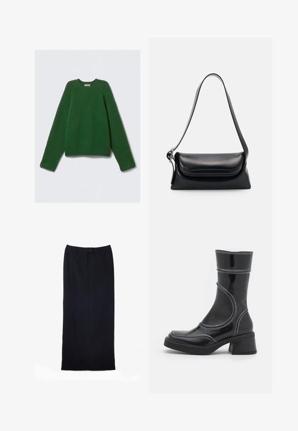 Sveter s dlhými rukávmi v tmavozelenej farbe, s textúrovaným pletením, so žebrovanými manžetami, lemom a výstrihom, položený na bielom pozadí.; Čierna dlhá sukňa s rovnými strihom vyrobená z hladkej tkaniny, s pásom, dvoma bočnými vreckami a čistým zakončením bez viditeľných vzorov.; Čierne lakované kožené členkové čižmy s bielym prešívaním, zaoblenou špičkou a blokovým podpätkom. Majú zakrivené línie dizajnu a hladkú textúru.; Čierna kožená kabelka so štruktúrovaným tvarom, hladkou textúrou a jedným ramenným popruhom. Obsahuje jemný, zaoblený dizajn klapky.