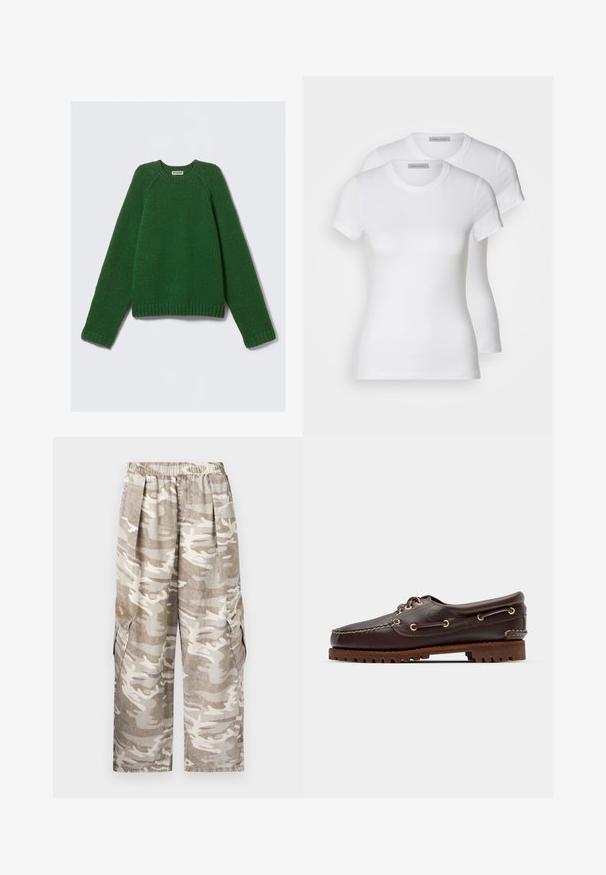 Tumed rohelise pika varrukaga crewneck sviiter, tekstuuriga kudumine, ribadega mansetid, ääred ja kaelus, asetatud tasasele valgele taustale.; Kaks valget puuvillast T-särki lühikeste varrukatega, ümarate kaelustega ja kitseneva siluetiga, millel on sujuv tekstuur ja minimalistlik disain.; Bež jahtide kamuflaažiga cargo püksid. Omavad elastset vööd, laia alust, kahte külgmist cargo taskut ja tekstureeritud kangast.; Pruun nahkne paadisuss kuldsete silmadega, ümmarguste nööridega ja tekstuuriga pruuni kummitaldiga. Omab õmmeldud detaile ja väljaulatuvat logo.
