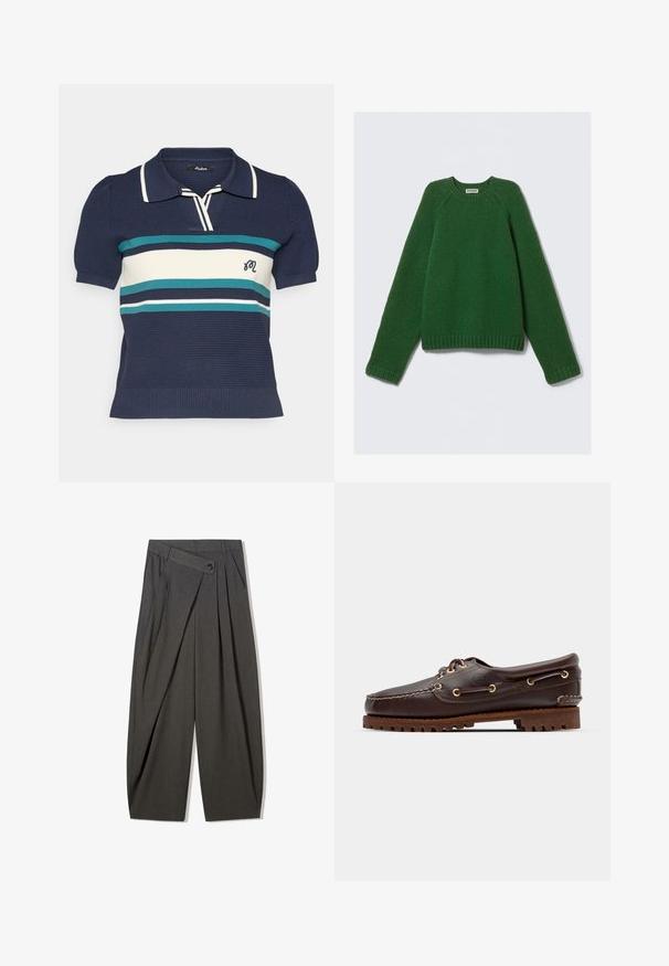 Pitkähihaine crewneck-neule tumma vihreä, tekstuuri neulottu, ribbaus hihansuissa, helmassa ja kaula-aukossa, aseteltuna tasaiseksi valkoisella taustalla.; Tummansininen neulepolo-paita lyhyillä hihoilla, jossa on vaaleansinisiä, valkoisia ja tummansinisiä vaakaraitoja sekä pieni brodeerattu logo rinnassa.; Harmaat pleitetyt housut korkealla vyötäröllä, napin suljenta ja leveä lahje muotoilu. Valmistettu sileästä, kudotusta kankaasta.; Ruskeaharmaat nahkaiset venesandaalit kultaisilla silmärei'illä, pyöreällä nauhalla ja teksturoidulla ruskealla kumipohjalla. Sisältää kirjontayksityiskohtia ja kohotetun logon.