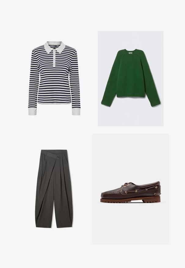 Svetr s dlouhým rukávem ve tmavě zelené barvě, strukturovaný úplet, s žebrovanými manžetami, lemem a výstřihem, položený na bílé pozadí.; Pruhovaná dlouhá polokošile v námořnické modré a bílé barvě, s kontrastním bílým límcem, prošitím na knoflíky a žebrovanou strukturou.; Šedé skládací kalhoty s vysokým pasem, které mají knoflíkovou manžetu a široké nohavice. Vyrobeno z hladké tkaniny.; Hnědé kožené lodní boty se zlatými očky, kulatými tkaničkami a texturovanou hnědou gumovou podrážkou. Obsahují zašitý detail a vyvýšené logo.