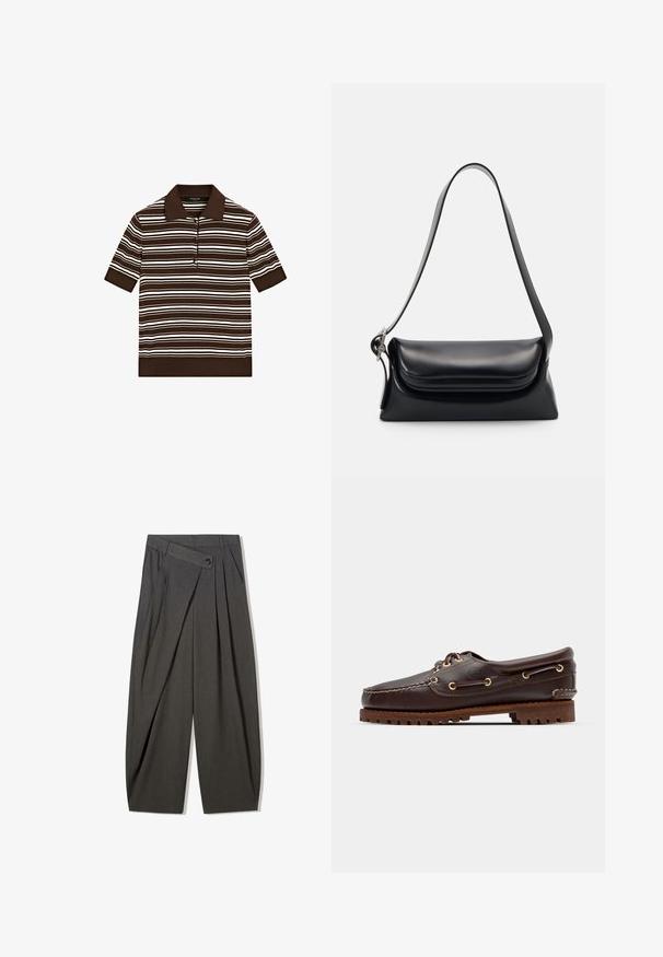 Langærmet crewneck sweater i mørkegrøn, struktureret strik med ribkant i ærmer, nederst og i halsudskæringen, lagt ned på en hvid baggrund.; Brun polo-shirt med hvide vandrette striber, korte ærmer og en tre-knaps placket. Flad krave og ribbet kantdetalje.; Grå plisserede bukser med høj talje, med knaplukning og bred ben-design. Fremstillet af et glat, vævet stof.; Brune læder bådsko med gyldne øjer, runde snørebånd og en struktureret brun gummisål. Har quiltede detaljer og et forhøjet logo.; Sort læderhåndvask med en struktureret form, en glat overflade og en enkelt skulderrem. Har et subtilt, rundet klapdesign.