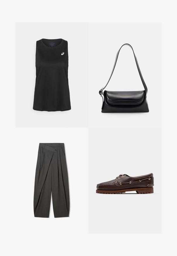 Maglione a maniche lunghe con colletto a girocollo di colore verde scuro, in maglia texturizzata, con polsini, orlo e scollatura a coste, steso su uno sfondo bianco.; ASICS CORE TANK - Top - performance black; Pantaloni grigi a pieghe con vita alta, dotati di chiusura a bottone e design a gamba larga. Realizzati in un tessuto liscio e intrecciato.; Scarpa da barca in pelle marrone con occhielli dorati, lacci tondi e una suola in gomma marrone texturizzata. Presenta dettagli cuciti e un logo in rilievo.; Borsa a tracolla nera in pelle con una forma strutturata, una texture liscia e una singola tracolla. Presenta un design a patta arrotondata e discreta.