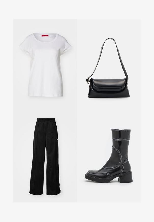 Sweater de manga longa em verde escuro, malha texturizada, com punhos, bainha e decote canelados, disposto plano sobre um fundo branco.; MAX&Co. MALDIVE - T-shirt básica - weiss; Calças de pista de perna larga pretas com um cós elástico, apresentando riscas brancas nas laterais e um pequeno logótipo no quadril esquerdo. Tecido de textura suave.; Bota de tornozelo em pele sintética preta com costura branca, bico redondo e salto bloco. Apresenta linhas de design curvas e uma textura suave.; Bolsa de pele preta com uma forma estruturada, uma textura suave e uma única alça de ombro. Apresenta um design discreto e arredondado na aba.