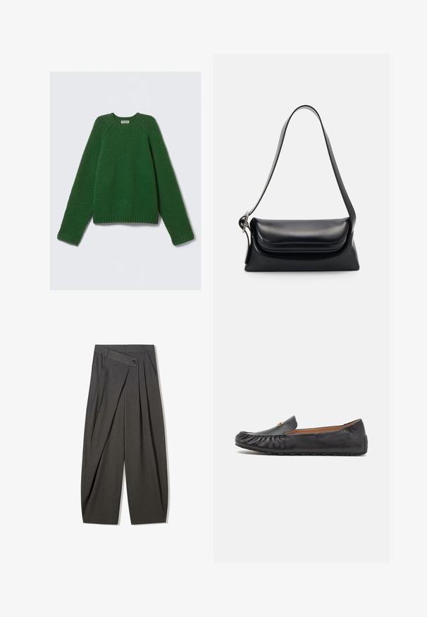 Langærmet crewneck sweater i mørkegrøn, struktureret strik med ribkant i ærmer, nederst og i halsudskæringen, lagt ned på en hvid baggrund.; Grå plisserede bukser med høj talje, med knaplukning og bred ben-design. Fremstillet af et glat, vævet stof.; Sorte læder moccasin flade sko med syet detaljer, rund tå og en diskret gul accent. Blød tekstur og gummisål for nødvendig grip.; Sort læderhåndvask med en struktureret form, en glat overflade og en enkelt skulderrem. Har et subtilt, rundet klapdesign.