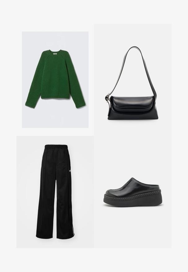 Pulover cu maneci lungi și guler rotund, de culoare verde închis, tricotat texturat, cu mansete, tiv și guler ribate, întins pe un fundal alb.; Pantaloni sport largi negri cu talie elastică, având dungi albe pe laturi și un logo mic pe șoldul stâng. Textură de țesătură netedă.; Clog-uri cu platformă negre și lucioase, cu vârf rotund, partea superioară curbată și cusături albe contrastante de-a lungul marginii tălpii.; Geantă de mână din piele neagră cu o formă structurată, o textură netedă și o singură curea de umăr. Are un design subtil cu clapetă rotunjită.