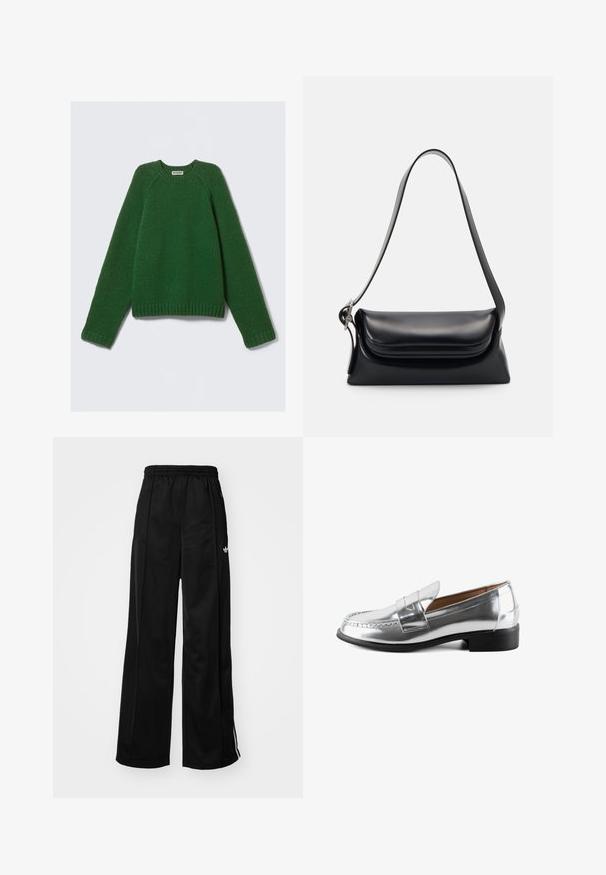 Tumed rohelise pika varrukaga crewneck sviiter, tekstuuriga kudumine, ribadega mansetid, ääred ja kaelus, asetatud tasasele valgele taustale.; Mustad laiad spordipüksid elastse vöökohtaga, millel on valged külgtriibud ja väike logo vasakul puusal. Sile kangateksam.; Hõbedane nahast loafer ümmarguse varbaga ja tikitud aksessuaaridega. Omab madalat musta tallat ja sileda, peegeldava tekstuuri.; Mustriga musta nahast käekott, millel on struktuurne kuju, sile tekstuur ja üks õlarihm. Omab peent, ümarat klappi.