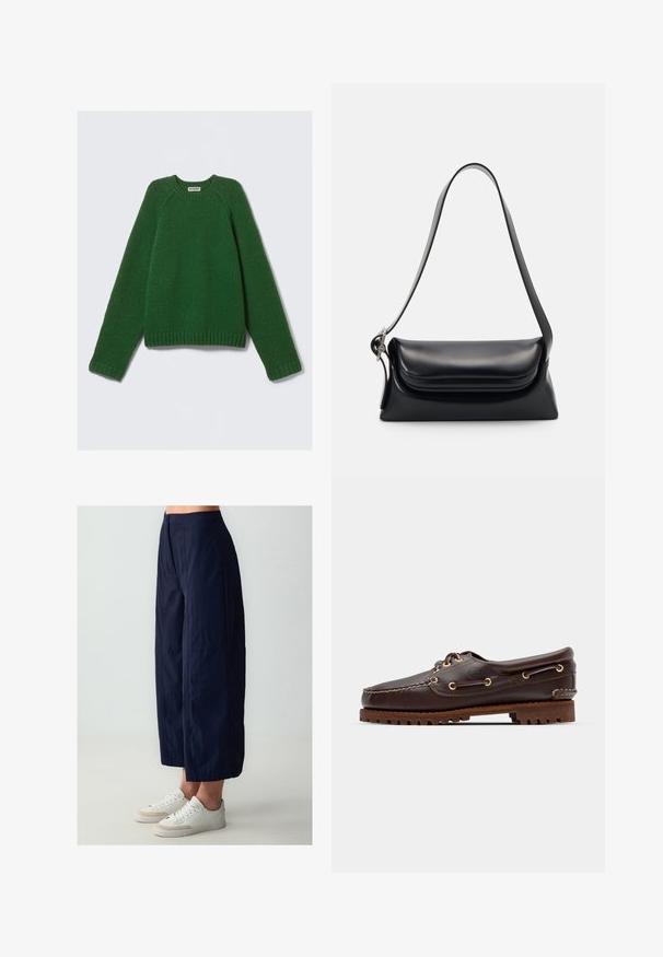 Langärmliger Rundhalsausschnitt-Pullover in Dunkelgrün, strukturierter Strick, mit gerippten Bündchen, Saum und Kragen, flach auf einem weißen Hintergrund ausgelegt.; Marinefarbene, weit geschnittene Hosen aus leichtem Stoff, mit hohem Bund und vorderem Knopfverschluss. Kombiniert mit weißen Sneakers.; Braune Lederbootsschuhe mit goldenen Ösen, runden Schnürsenkeln und einer strukturierten braunen Gummisohle. Verfügt über genähte Details und ein erhabenes Logo.; Schwarze Lederhandtasche mit strukturiertem Design, glatter Textur und einem einzelnen Schulterriemen. Verfügt über ein dezentes, abgerundetes Klappendesign.