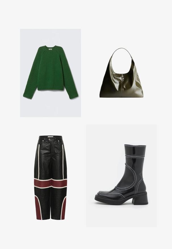 Pulover cu maneci lungi și guler rotund, de culoare verde închis, tricotat texturat, cu mansete, tiv și guler ribate, întins pe un fundal alb.; Pantaloni din piele negri, cu croi larg, cu dungi verticale albe și panouri orizontale quiltate în nuanță de vișiniu deasupra genunchilor și pe partea inferioară a picioarelor.; Cizmă ankle din piele patent neagră cu cusături albe, vârf rotund și toc pătrat. Prezintă linii de design curbe și o textură netedă.; Geantă de umăr din piele de culoare verde măslinie, cu un finisaj neted și lucios. Prezintă un vârf rotunjit și o formă moale, plisată. Design minimalist.