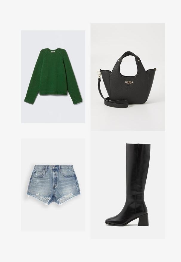 Sweater de manga longa em verde escuro, malha texturizada, com punhos, bainha e decote canelados, disposto plano sobre um fundo branco.; Calças de ganga curtas em azul claro com um acabamento desgastado. Apresenta bainhas desfiadas e dois bolsos frontais. Fecho com botão na cintura.; ONLY SHOES ONLBIJOU KNEE HIGH BOOT - Botas - black; Bolsa de mão preta texturizada com alças curtas e uma alça de ombro removível. Apresenta um detalhe em logotipo dourado. Forma compacta e estruturada.