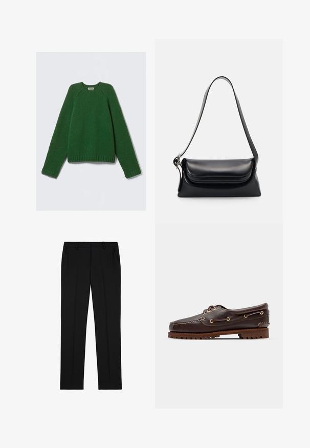 Langermet genser med rund hals i mørkegrønn, strukturert strikk, med ribbede mansjetter, nederkant og hals, lagt flatt på en hvit bakgrunn.; Sorte skreddersydde bukser med en glatt tekstur, med flat front, to sidelommer og en klassisk rett ben-design.; Brune lærbåt sko med gull øyer, runde lisser og en teksturert brun gummisåle. Har sømdetaljer og en hevet logo.; Svart lærveske med en strukturert form, en jevn tekstur og en enkelt skulderrem. Har et subtilt, avrundet klaffdesign.
