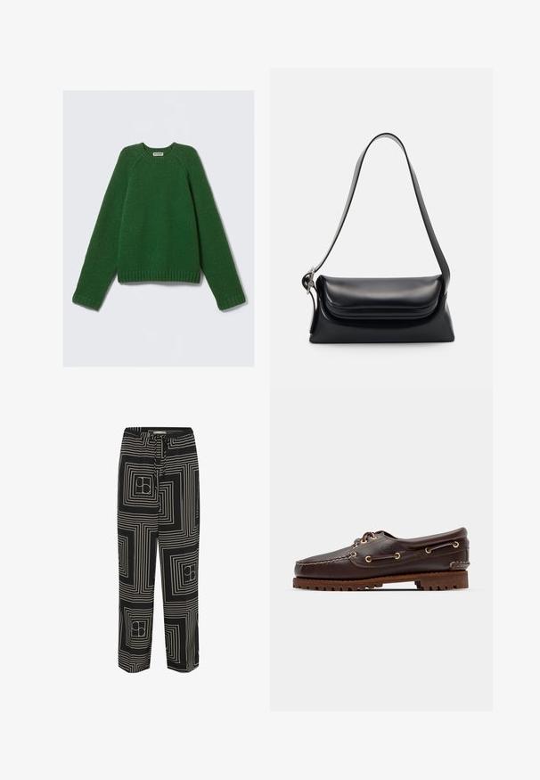 Pulover s dolgimi rokavi v temno zeleni barvi, strukturiran pleten, z žametnimi manšetami, robom in ovratnikom, položen na beli podlagi.; Črne hlače z geometrijskim vzorcem belih črt in kvadratov, zasnovane z vrvico za prilagajanje v pasu in širokimi nogami.; Rjave usnjene čolnarske čevlje z zlatimi očesi, okroglicami in teksturiranim rjavim gumijastim podplatom. Ima šivano podrobno obdelavo in dvignjen logotip.; Črna usnjena torbica z oblikovano strukturo, gladko teksturo in eno naramnico. Opremljena je z diskretnim, zaobljenim pokrovom.