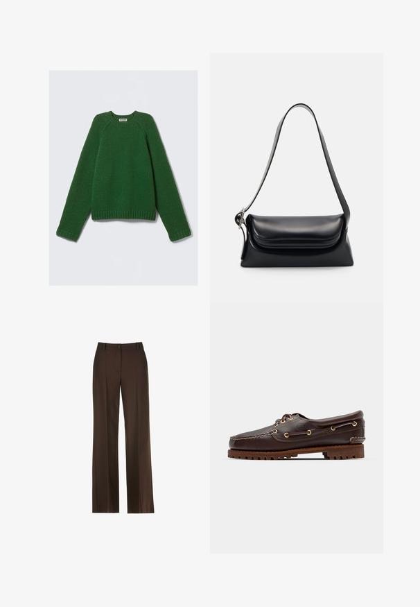 Pulover cu maneci lungi și guler rotund, de culoare verde închis, tricotat texturat, cu mansete, tiv și guler ribate, întins pe un fundal alb.; Pantaloni largi, de culoare maro, cu o textură netedă, având închidere prin buton la front, bucle pentru curea și detalii pliate pe partea din față.; Șlapi de punt pe culoare maro din piele, cu ochiuri aurii, șireturi rotunde și o talpă texturată din cauciuc maro. Prezintă detalii cusute și un logo ridicat.; Geantă de mână din piele neagră cu o formă structurată, o textură netedă și o singură curea de umăr. Are un design subtil cu clapetă rotunjită.