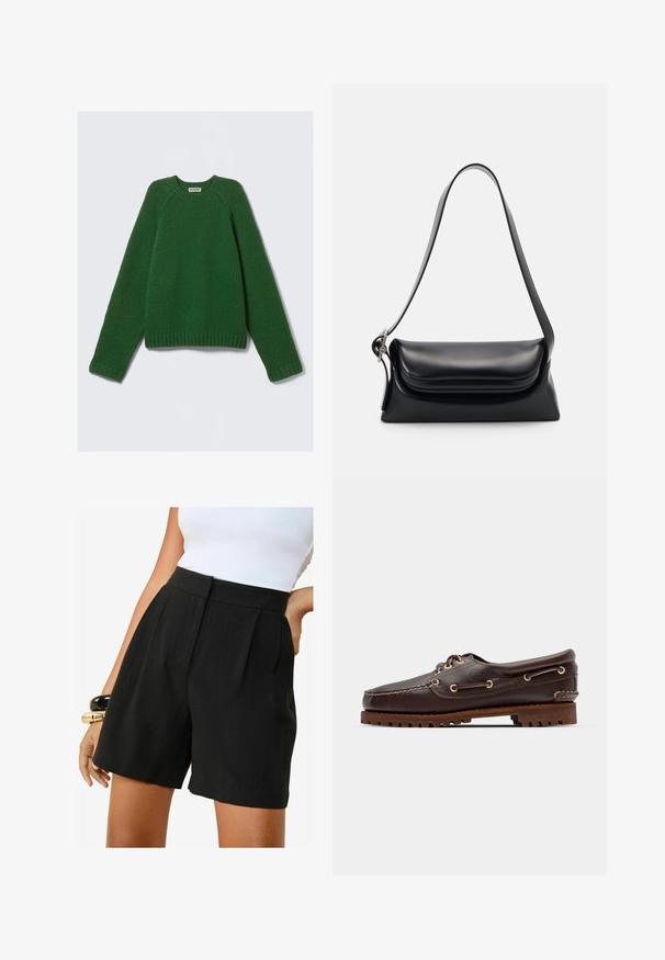 Pulover cu maneci lungi și guler rotund, de culoare verde închis, tricotat texturat, cu mansete, tiv și guler ribate, întins pe un fundal alb.; Friends Like These REGULAR FIT - TAILORED ELASTIC BACK - Pantaloni scurți - black; Șlapi de punt pe culoare maro din piele, cu ochiuri aurii, șireturi rotunde și o talpă texturată din cauciuc maro. Prezintă detalii cusute și un logo ridicat.; Geantă de mână din piele neagră cu o formă structurată, o textură netedă și o singură curea de umăr. Are un design subtil cu clapetă rotunjită.