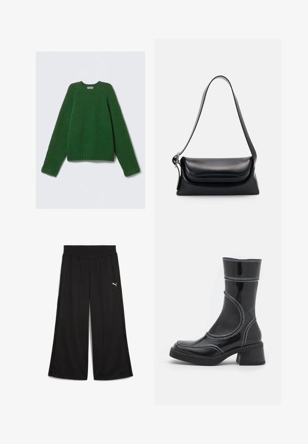 Tumši zaļš krekliņš ar garām piedurknēm un apaļu kakla izgriezumu, ar teksturētu adījumu, ar ribotiem piedurkņu galiem, apakšmalu un kakla izgriezumu, novietots uz balta fona.; Melnas sporta bikses ar elastīgu jostu, sānu pogām un baltu Puma logo priekšpusē. Izgatavotas no viegla auduma.; Melna lakota ādas anklets ar baltiem šuvumiem, noapaļota purngala un kvadrāta papēža. Iezīmes izliekti dizaina līnijas un gluda struktūra.; Melnas ādas rokassoma ar strukturētu formu, gludu tekstūru un vienu plecu siksnu. Raksturīga diskreta, noapaļota vāka dizains.