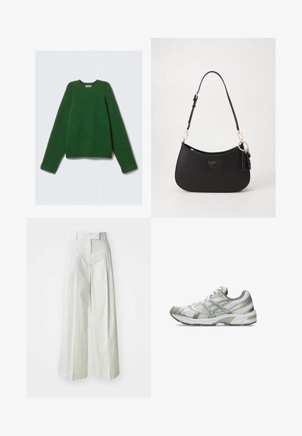 Langarm sweatshirt met ronde hals in donkergroen, met een gestructureerde brei, ribbelmanchetten, zoom en halslijn, plat gelegd op een witte achtergrond.; Lange broek in lichtgroen met verticale witte strepen. Heeft een hoge taille, ceintuurlussen en een gladde katoenen textuur.; Witte hardloopschoen met bovenwerk van mesh, metallic zilveren accenten, grijze hielkap en rubberen zool. Beschikt over een gestructureerd ontwerp en veters.; Zwarte synthetische handtas met een gebogen vorm, gouden hardware en een driehoekig logo. Voorzien van een ritssluiting en een verstelbare schouderriem.