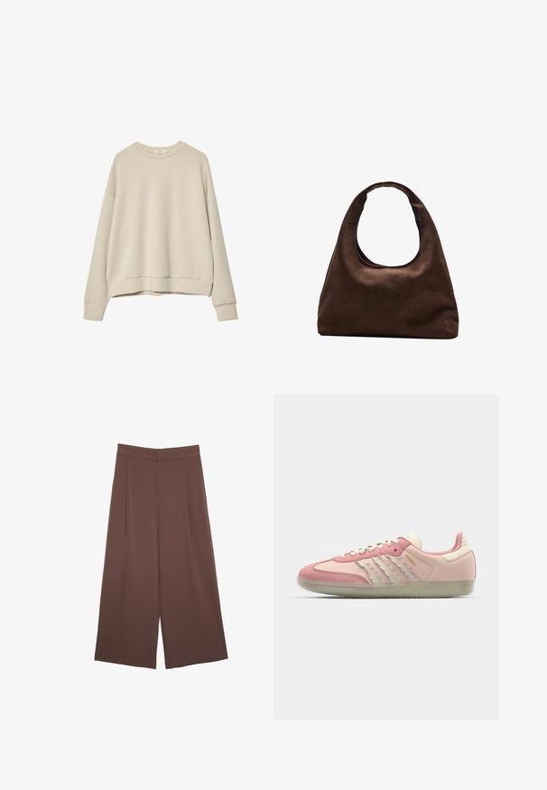 Beige langærmet sweatshirt lavet af blødt stof, med rund halsudskæring, afslappet pasform og ribbede manchetter og kant. Glat tekstur uden mønstre.; Brune bredbunde bukser med en glat tekstur, der har høj talje og plisseringer foran. Stoffet er let og falder løst.; adidas Originals SAMBA OG - Sneakers - quartz/off white/mauve; Blød brun hobo-stil håndtaske med en enkelt bred strop og en buet åbning på toppen, vist på en hvid baggrund.