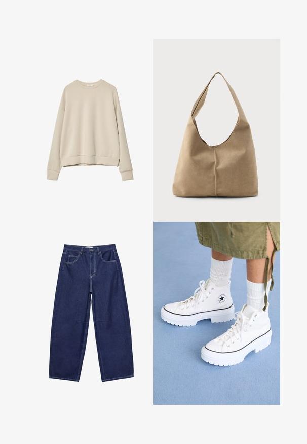 Beige langærmet sweatshirt lavet af blødt stof, med rund halsudskæring, afslappet pasform og ribbede manchetter og kant. Glat tekstur uden mønstre.; Mørkeblå denim bukser med brede ben og høj talje, fem lommer og kontrasterende hvid syning. Glat tekstur, klassisk design.; Hvide højtop sneakers med et tekstureret canvas-overdel, gummitåhætte og tyk hvid platformssål. Har sorte accenter og snøreringe.; Hobo taske i blød beige ruskind med en afslappet form, bred skulderrem og håndsyet sømdetalje langs fronten.
