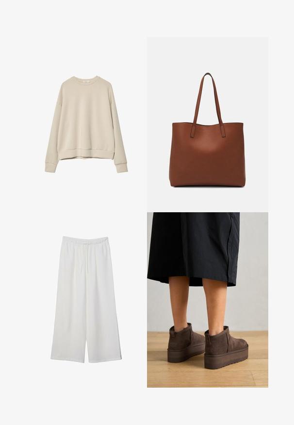 Bežen dolg rokav sweatshirt, izdelan iz mehke tkanine, z okroglim izrezom, sproščenim krojem in rebrastimi manšetami ter robom. Gladka struktura brez vzorcev.; Bele široke hlače iz lahkega materiala, ki imajo elastičen pas in vrvico za prilagajanje. Gladka tekstura.; UGG CLASSIC ULTRA MINI PLATFORM - Gležnjarji - burnt cedar; Rjava usnjena torba z gladko teksturo, odprto zasnovo zgoraj in dvema naramnima trakovoma. Opremljena je z minimalnim šivanjem in brez vidnih kovinskih delov.