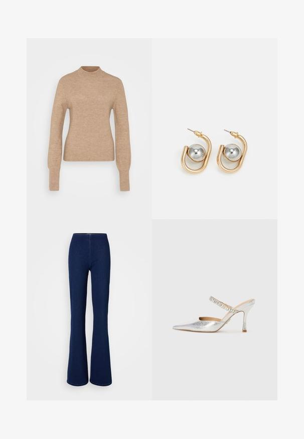Beige ribbed knit sweater with a mock neck, long sleeves, and fitted body. Soft texture with a smooth finish. Minimalist design; no patterns.; Dark blue flared jeans made of denim, featuring a high waistband and a smooth texture. No visible hardware or embellishments.; Silver metallic high-heeled slingback shoes with a pointed toe and a decorative strap featuring clear accents along the edge.; Gold-tone earrings with a curved, hoop-like design featuring a prominent silver spherical accent. Polished metal finish, post-back closure.