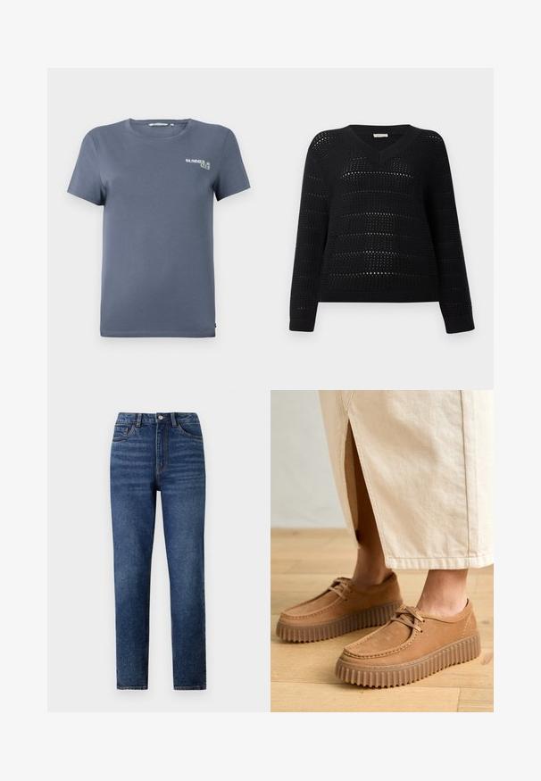 TOM TAILOR DENIM V NECK - Striktrøje - deep black; Blå bomulds t-shirt med korte ærmer, rund halsudskæring og et lille "SUMMER CLUB" grafisk motiv på venstre side. Glat tekstur, almindelig pasform.; Højtaljede blå denimjeans med lige ben, der har subtil slidmærkning, enkelt knaplukning og fem-lomme design.; Brune lædersko med en tekstureret overflade, rund tå og tykke, ribbede såler. Snøre og syningsdetaljer forbedrer designet.